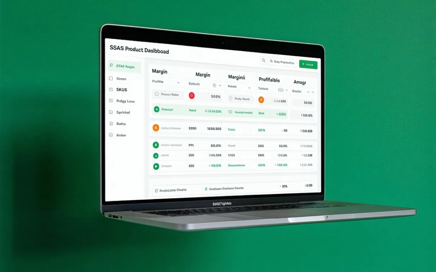 BrandPulsr margin dashboard showing SKU profitability table with green, red and amber margin indicators across Shopify and wholesale channels