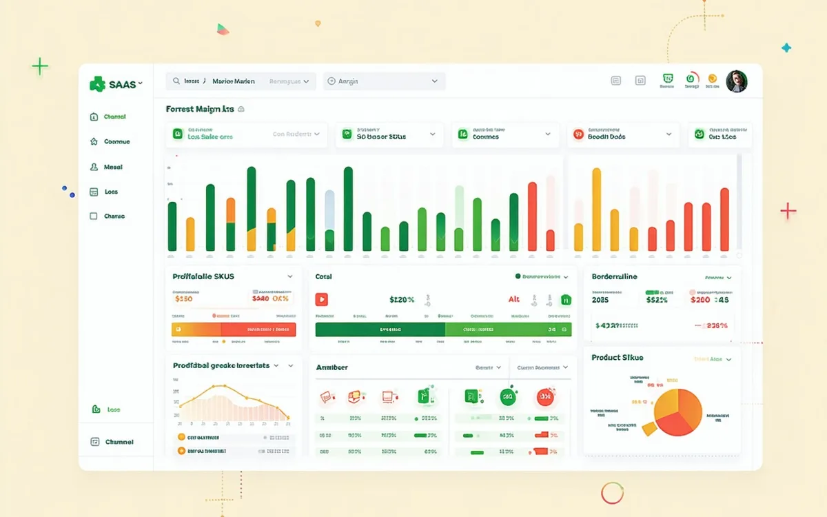 BrandPulsr SKU-level margin breakdown view showing contribution margin columns and channel comparison