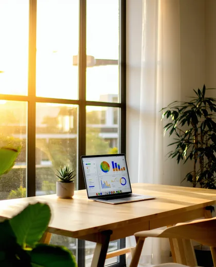 BrandPulsr office workspace with analytics dashboard
